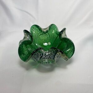 Vintage Murano Art Glass  Green bowl Silver flacks ashtray MCM Barovier & Toso